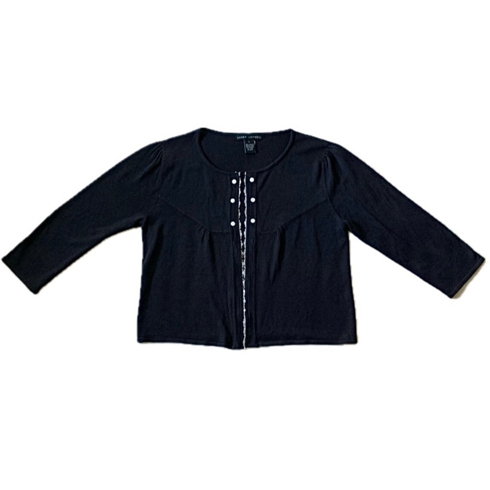 Larry Levine Black Cardigan W/ Ivory Lace Details Size L (GUC)